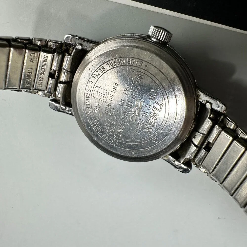3/$30 Timex Indiglo Watch Women Silver White Dial Stretch Band 23MM Works 6